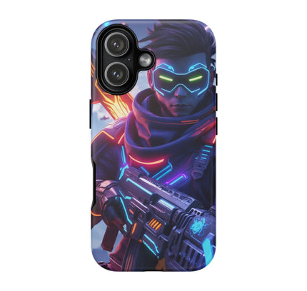 Phone Case with Neon Cyber Soldier Design, Tough Cases, Gamer Gift, Futuristic Art Phone Cover, Sci-Fi Style, Unique Accessory