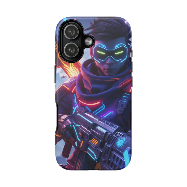 Phone Case with Neon Cyber Soldier Design, Tough Cases, Gamer Gift, Futuristic Art Phone Cover, Sci-Fi Style, Unique Accessory