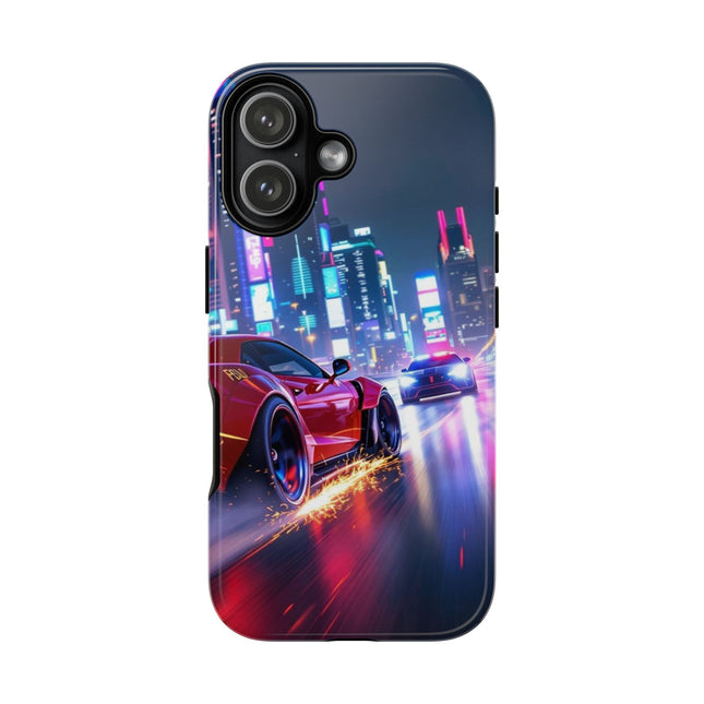 Phone Case with Neon Street Racer Design, Tough Cases, Car Art Phone Cover, Futuristic City, Gamer Gift, Unique Accessory